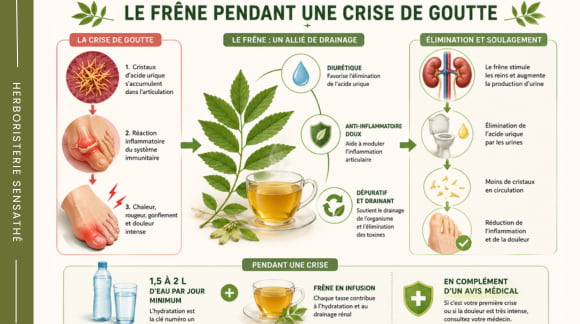 Schéma explicatif du frêne pendant une crise de goutte aiguë  élimination de l'acide urique, drainage rénal et soutien de l'articulation enflammée - Herboristerie Sensathé